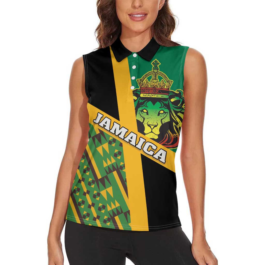 Jamaica Lion Rastafarian Women Sleeveless Polo Shirt With Kente Pattern - Wonder Print Shop