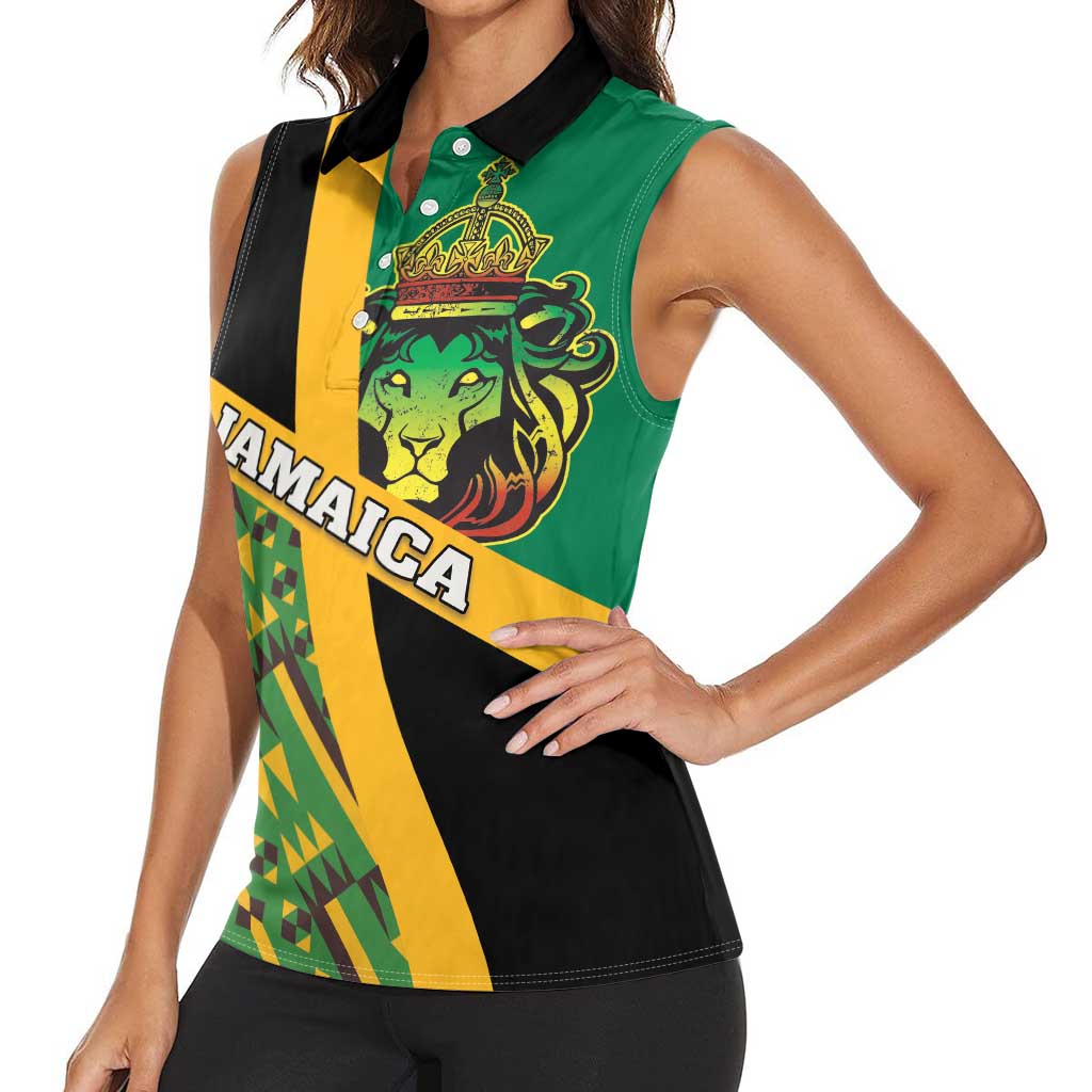 Jamaica Lion Rastafarian Women Sleeveless Polo Shirt With Kente Pattern - Wonder Print Shop