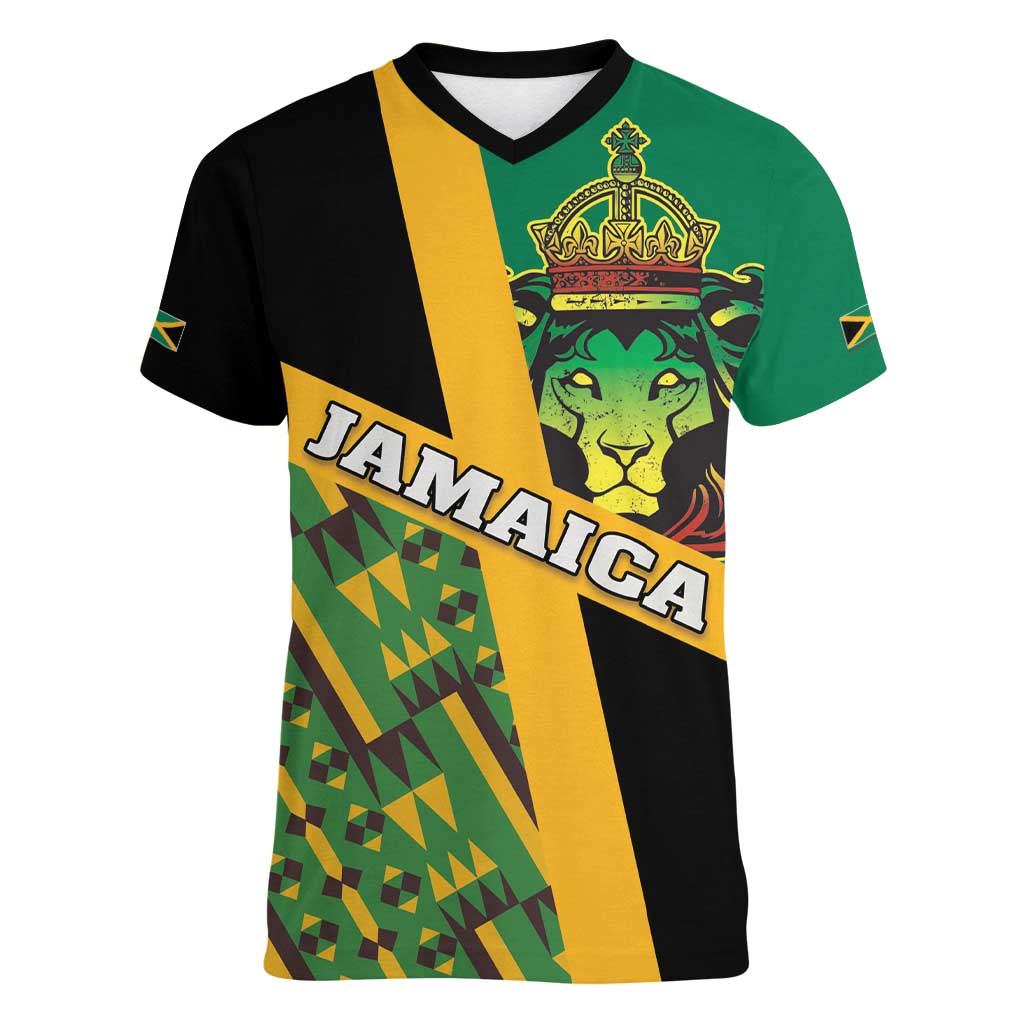 Jamaica Lion Rastafarian Women V-Neck T-Shirt With Kente Pattern - Wonder Print Shop