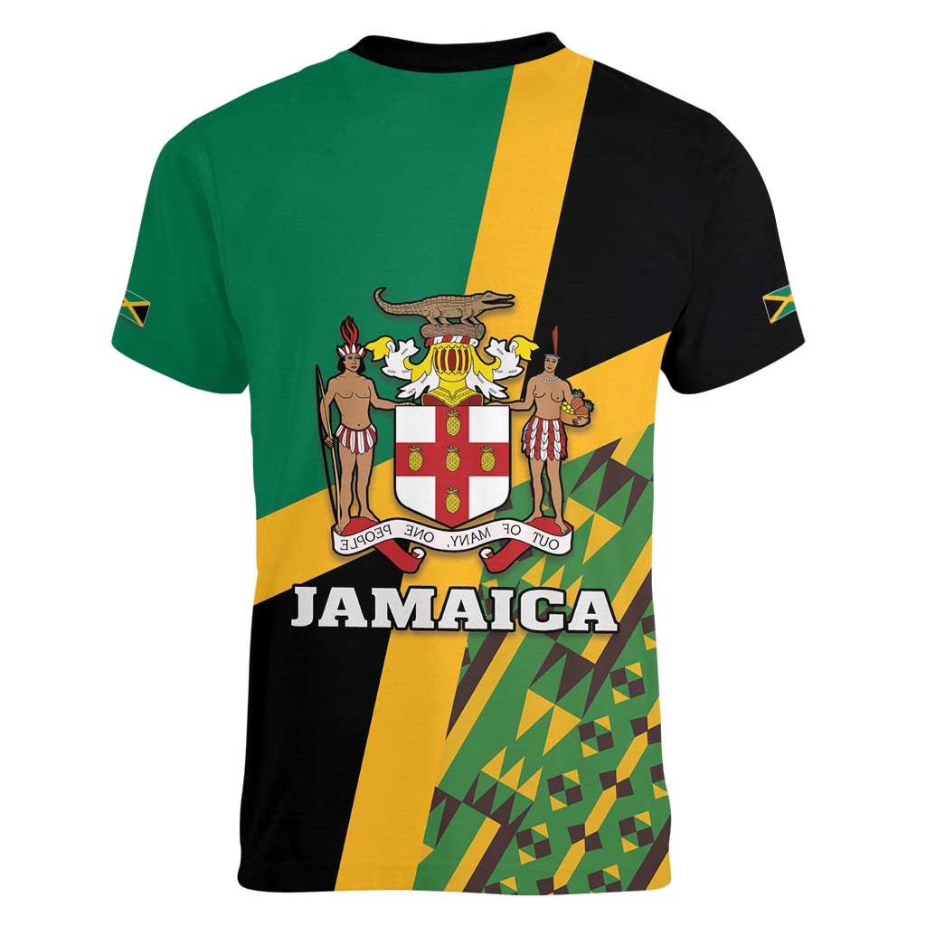 Jamaica Lion Rastafarian Women V-Neck T-Shirt With Kente Pattern - Wonder Print Shop