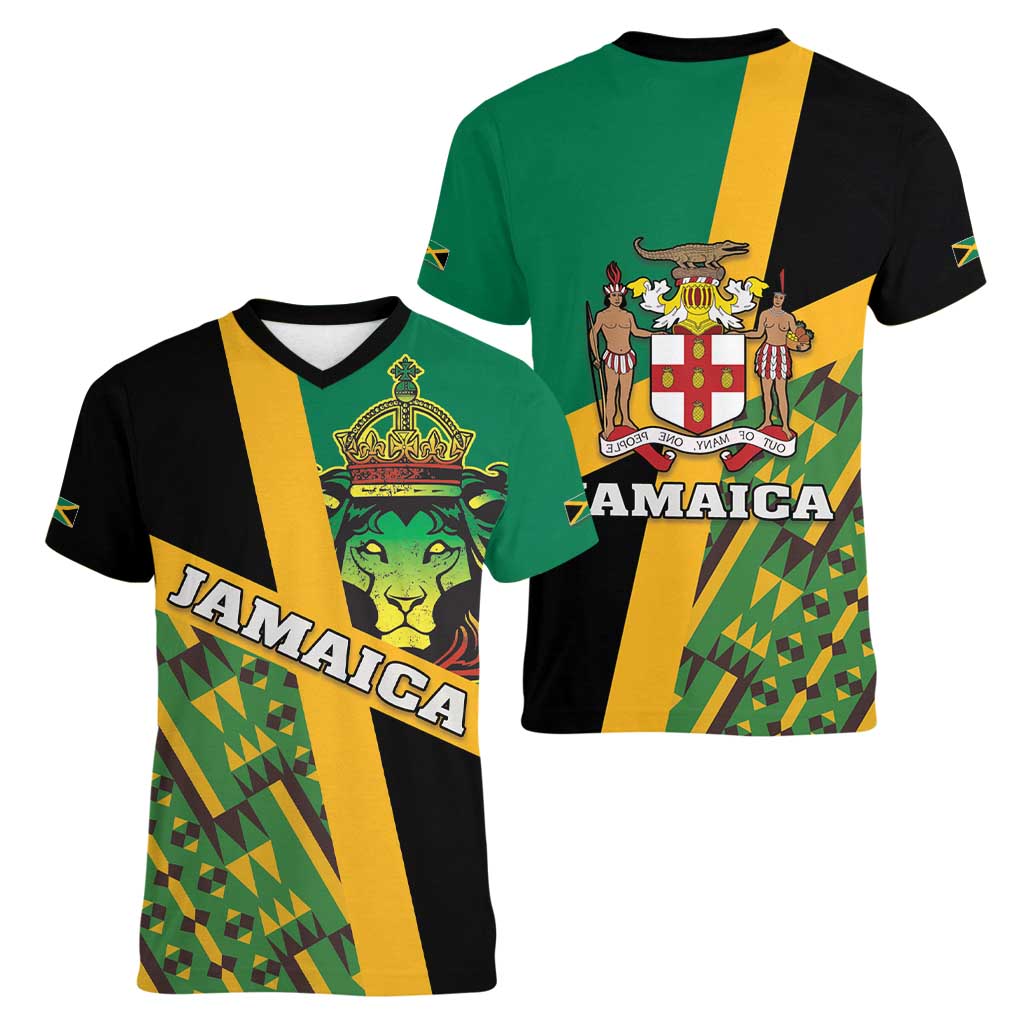 Jamaica Lion Rastafarian Women V-Neck T-Shirt With Kente Pattern - Wonder Print Shop