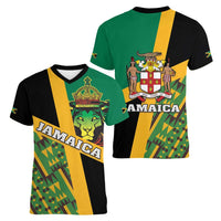 Jamaica Lion Rastafarian Women V-Neck T-Shirt With Kente Pattern - Wonder Print Shop