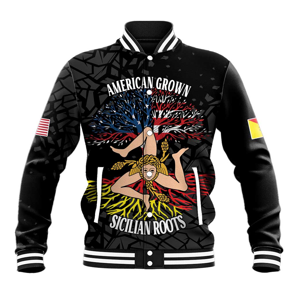 Personalized Sicilian Roots American Heritage Month Baseball Jacket - Wonder Print Shop