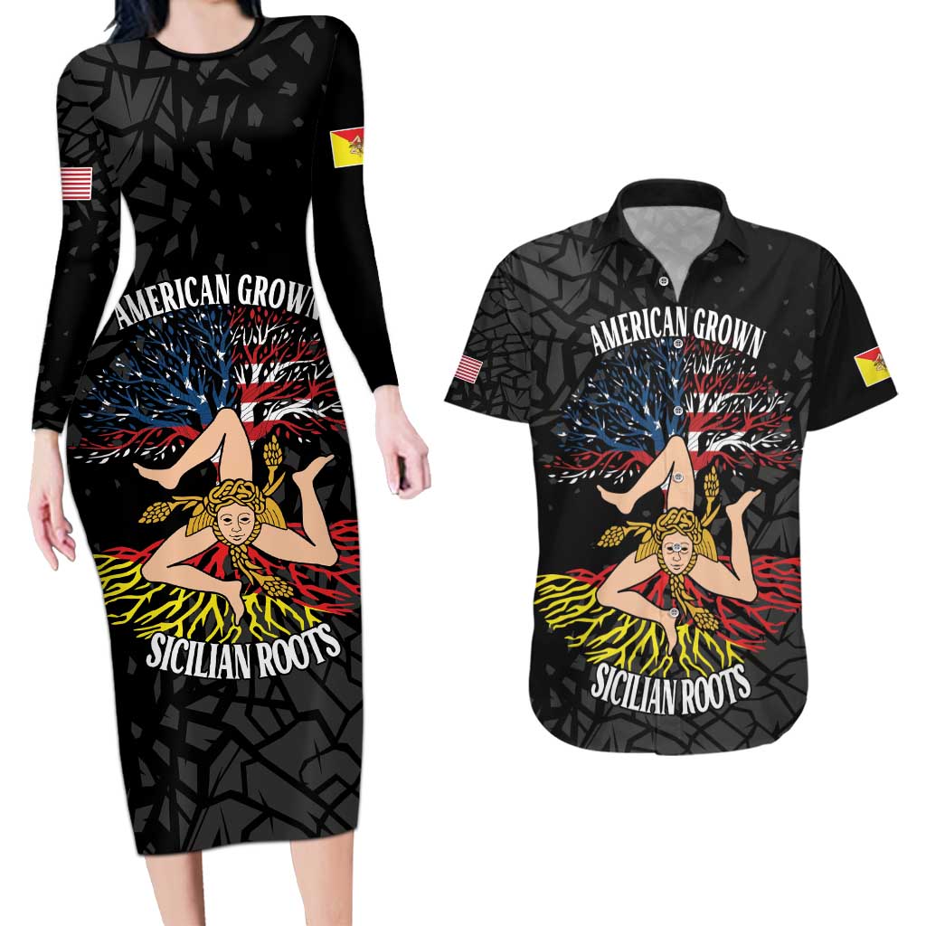 Personalized Sicilian Roots American Heritage Month Couples Matching Long Sleeve Bodycon Dress and Hawaiian Shirt - Wonder Print Shop