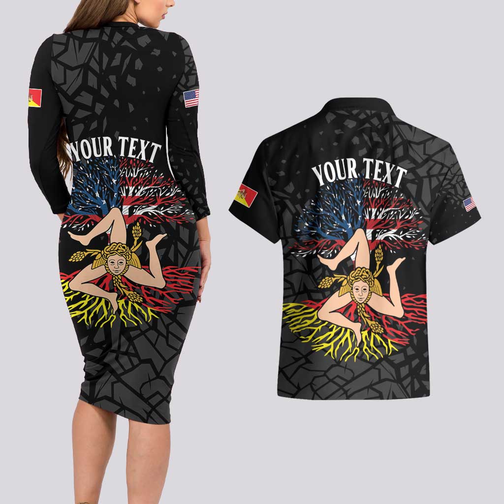 Personalized Sicilian Roots American Heritage Month Couples Matching Long Sleeve Bodycon Dress and Hawaiian Shirt - Wonder Print Shop
