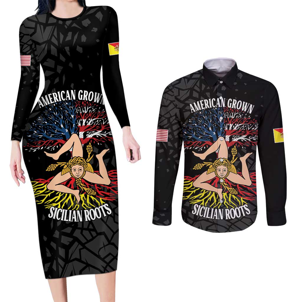 Personalized Sicilian Roots American Heritage Month Couples Matching Long Sleeve Bodycon Dress and Long Sleeve Button Shirt - Wonder Print Shop