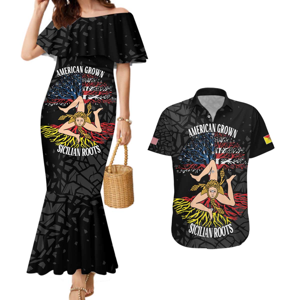 Personalized Sicilian Roots American Heritage Month Couples Matching Mermaid Dress and Hawaiian Shirt - Wonder Print Shop