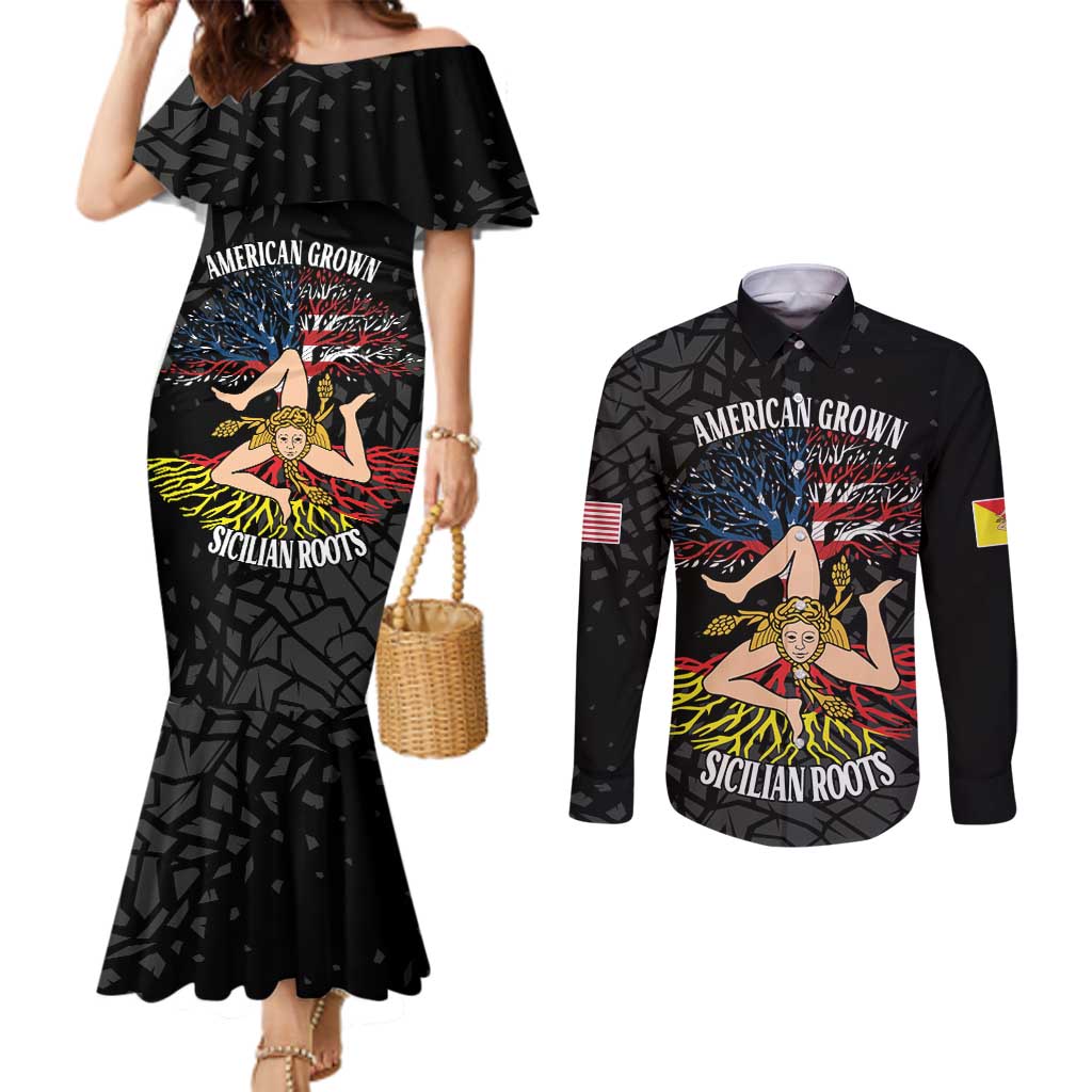 Personalized Sicilian Roots American Heritage Month Couples Matching Mermaid Dress and Long Sleeve Button Shirt - Wonder Print Shop