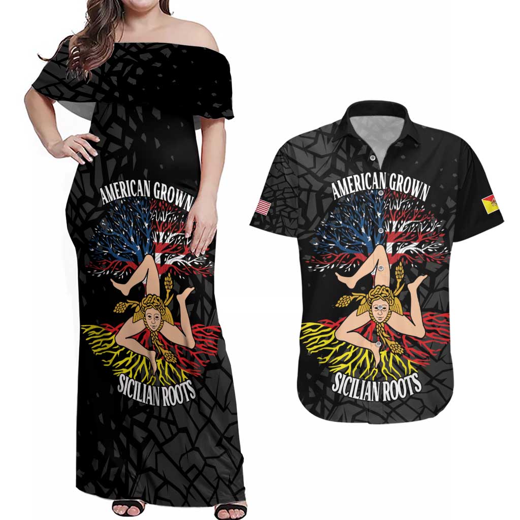 Personalized Sicilian Roots American Heritage Month Couples Matching Off Shoulder Maxi Dress and Hawaiian Shirt - Wonder Print Shop
