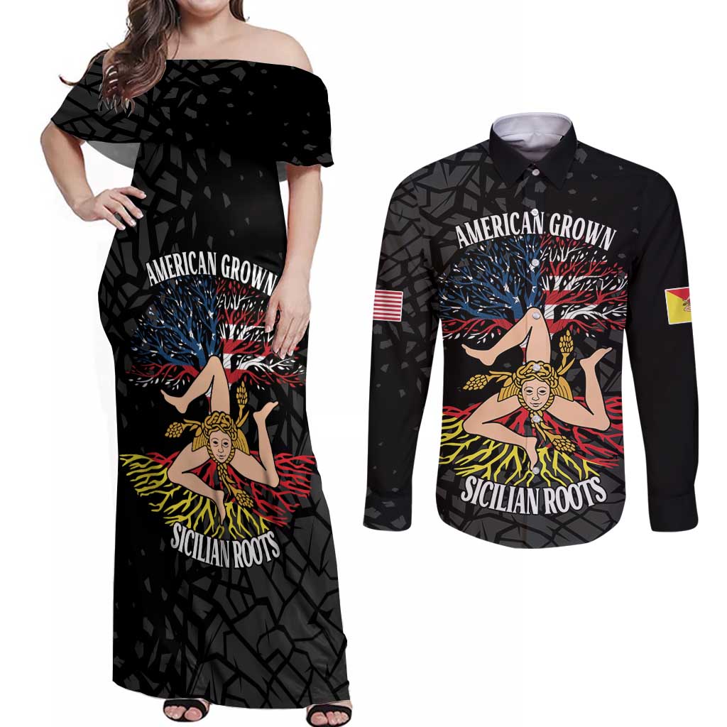 Personalized Sicilian Roots American Heritage Month Couples Matching Off Shoulder Maxi Dress and Long Sleeve Button Shirt - Wonder Print Shop