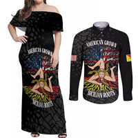 Personalized Sicilian Roots American Heritage Month Couples Matching Off Shoulder Maxi Dress and Long Sleeve Button Shirt - Wonder Print Shop
