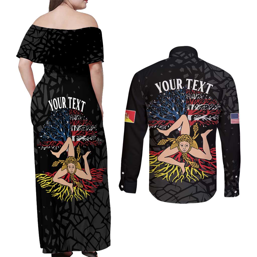 Personalized Sicilian Roots American Heritage Month Couples Matching Off Shoulder Maxi Dress and Long Sleeve Button Shirt - Wonder Print Shop