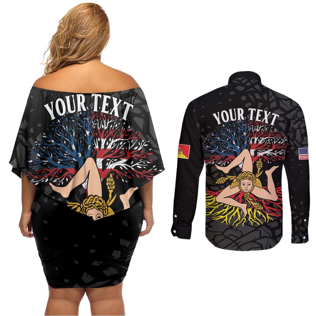 Personalized Sicilian Roots American Heritage Month Couples Matching Off Shoulder Short Dress and Long Sleeve Button Shirt - Wonder Print Shop