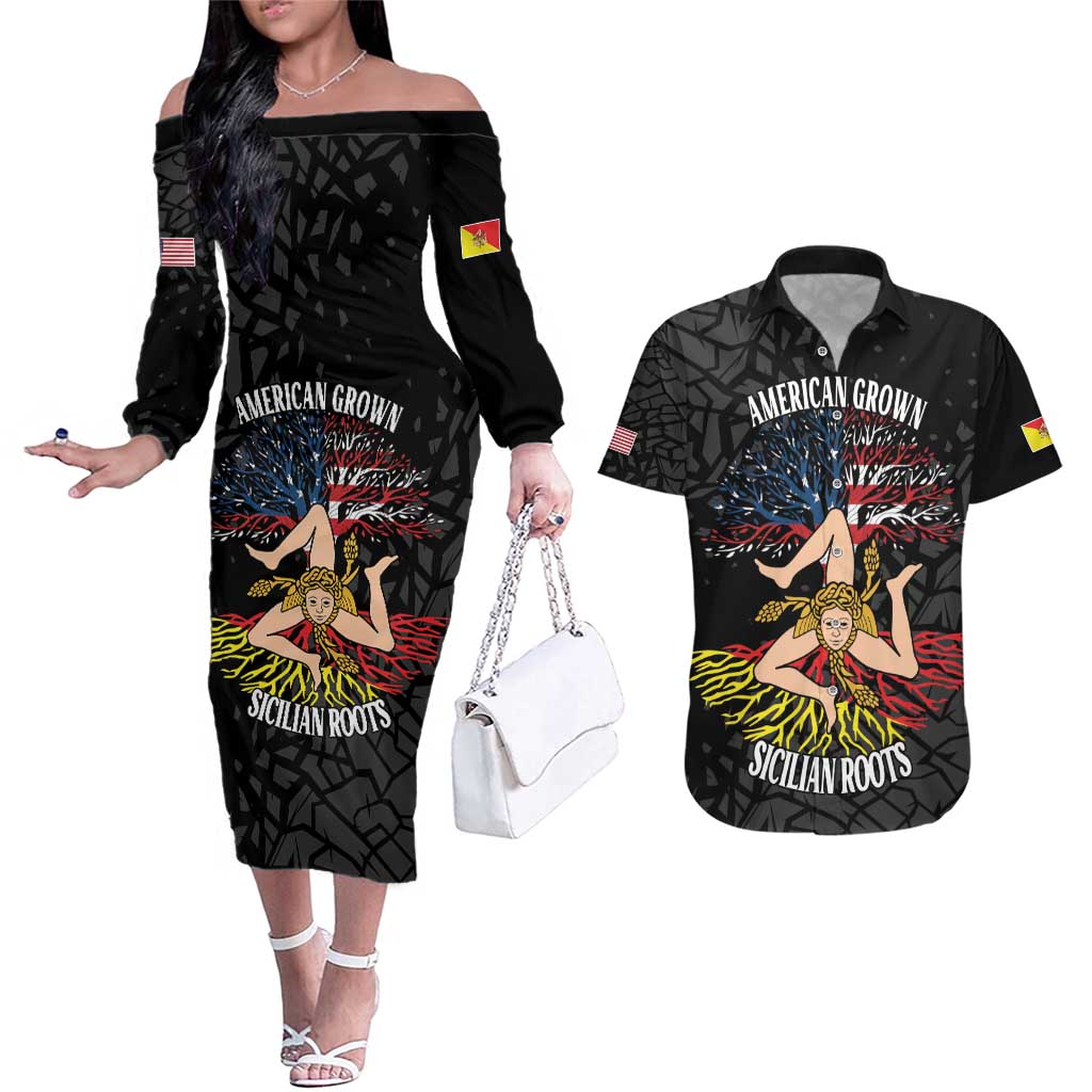 Personalized Sicilian Roots American Heritage Month Couples Matching Off The Shoulder Long Sleeve Dress and Hawaiian Shirt - Wonder Print Shop