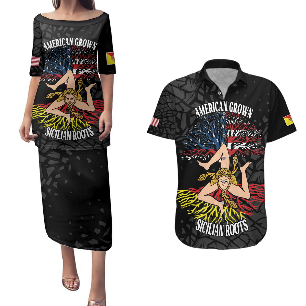 Personalized Sicilian Roots American Heritage Month Couples Matching Puletasi and Hawaiian Shirt - Wonder Print Shop