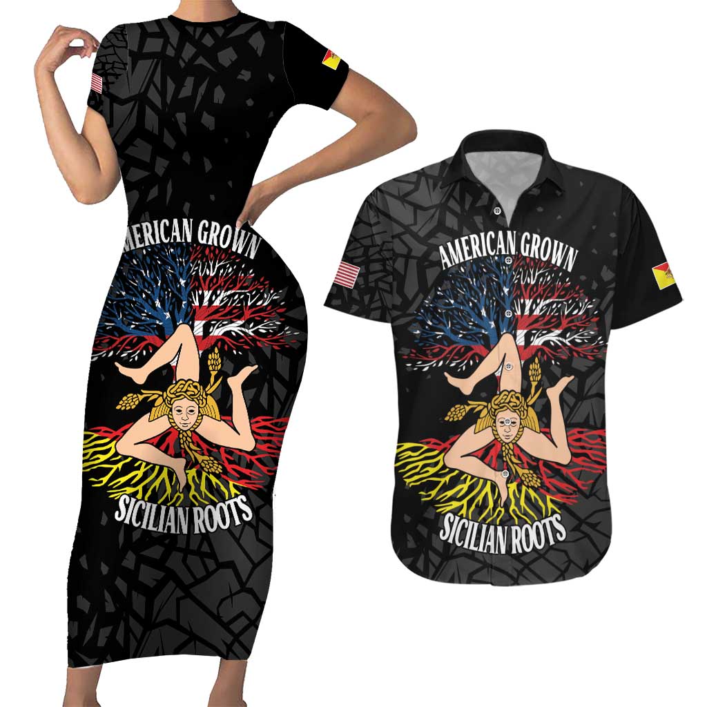 Personalized Sicilian Roots American Heritage Month Couples Matching Short Sleeve Bodycon Dress and Hawaiian Shirt - Wonder Print Shop