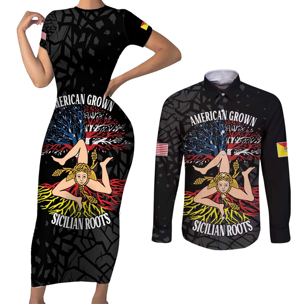 Personalized Sicilian Roots American Heritage Month Couples Matching Short Sleeve Bodycon Dress and Long Sleeve Button Shirt - Wonder Print Shop
