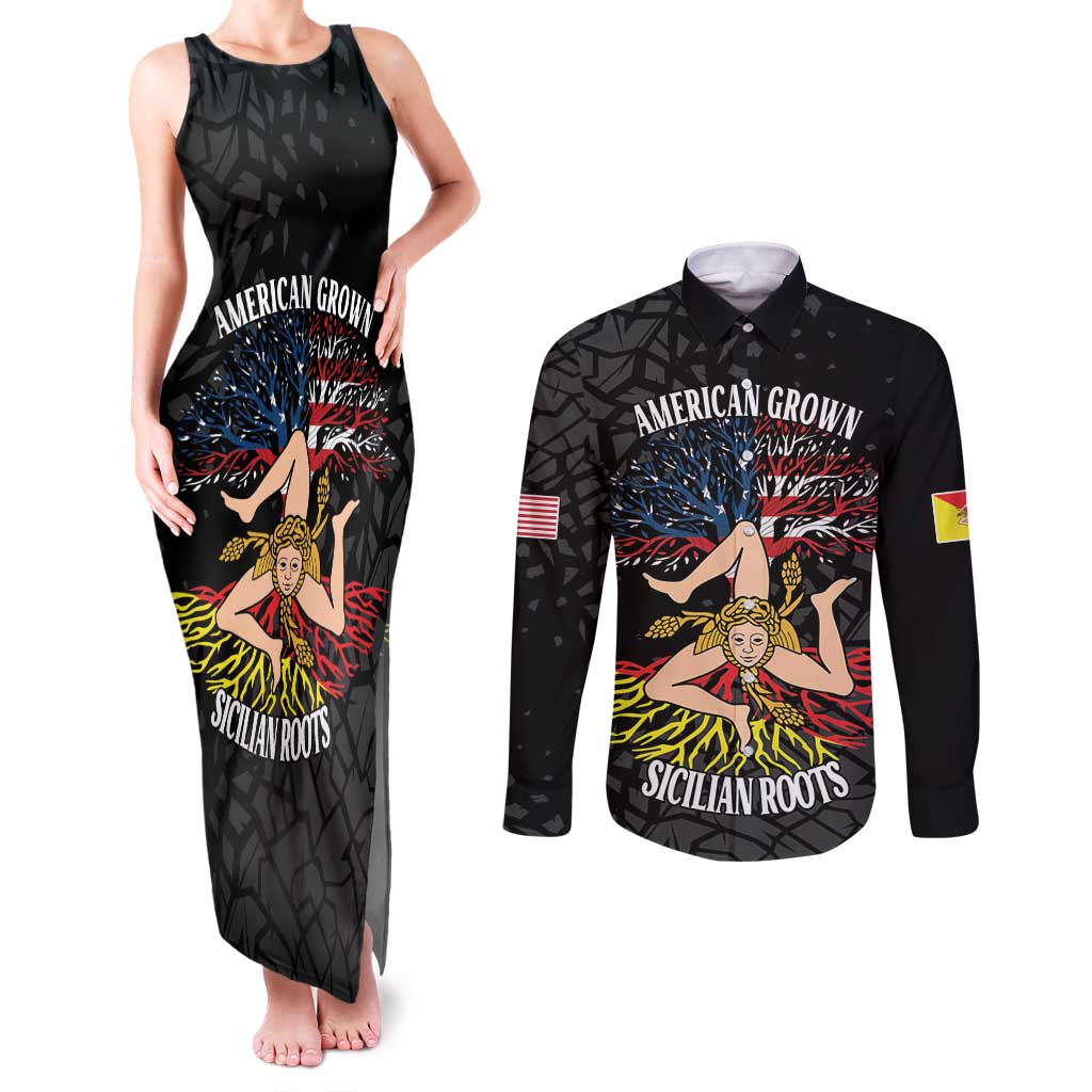 Personalized Sicilian Roots American Heritage Month Couples Matching Tank Maxi Dress and Long Sleeve Button Shirt - Wonder Print Shop