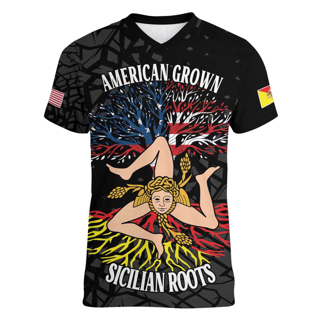 Personalized Sicilian Roots American Heritage Month Women V-Neck T-Shirt - Wonder Print Shop