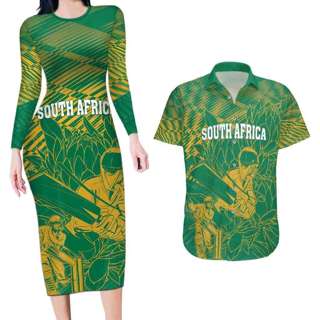 Custom Cricket South Africa Couples Matching Long Sleeve Bodycon Dress and Hawaiian Shirt Proteas Go Champion Green Version - Wonder Print Shop