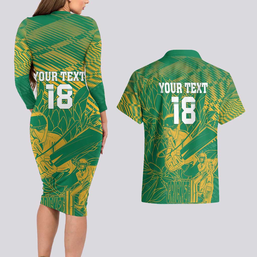 Custom Cricket South Africa Couples Matching Long Sleeve Bodycon Dress and Hawaiian Shirt Proteas Go Champion Green Version - Wonder Print Shop