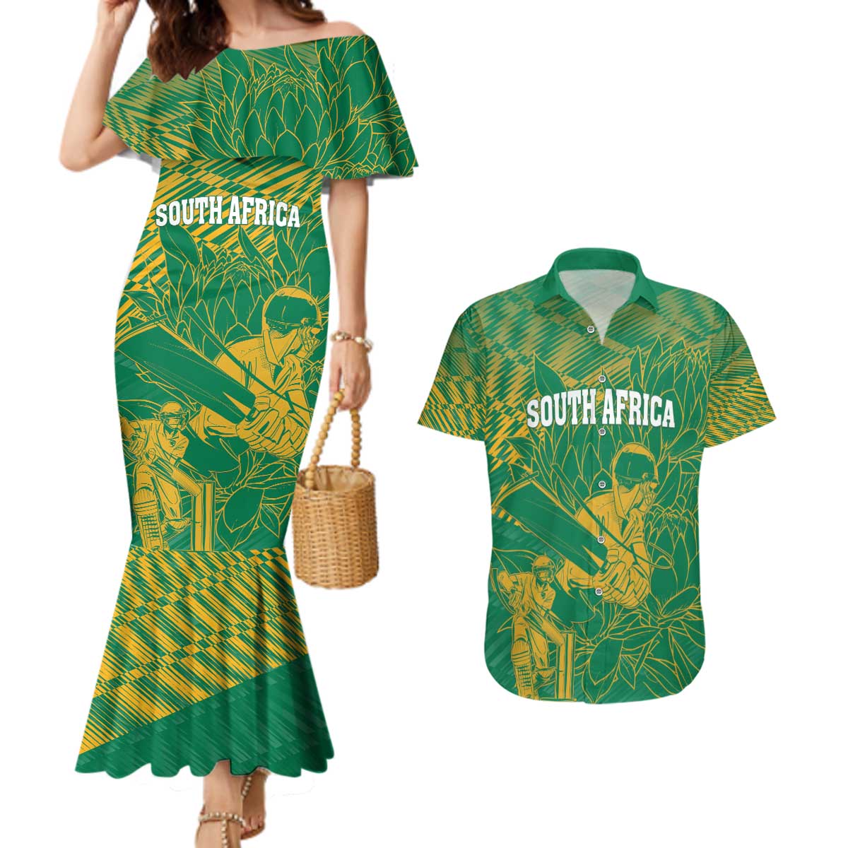 Custom Cricket South Africa Couples Matching Mermaid Dress and Hawaiian Shirt Proteas Go Champion Green Version - Wonder Print Shop