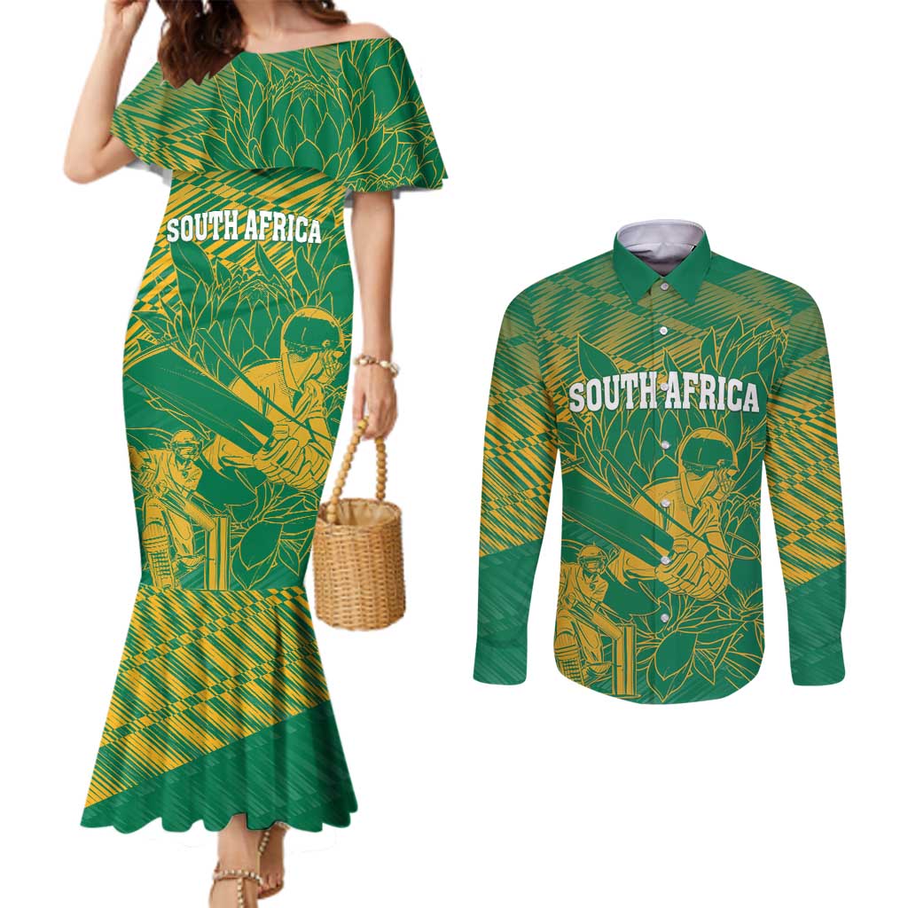 Custom Cricket South Africa Couples Matching Mermaid Dress and Long Sleeve Button Shirt Proteas Go Champion Green Version - Wonder Print Shop