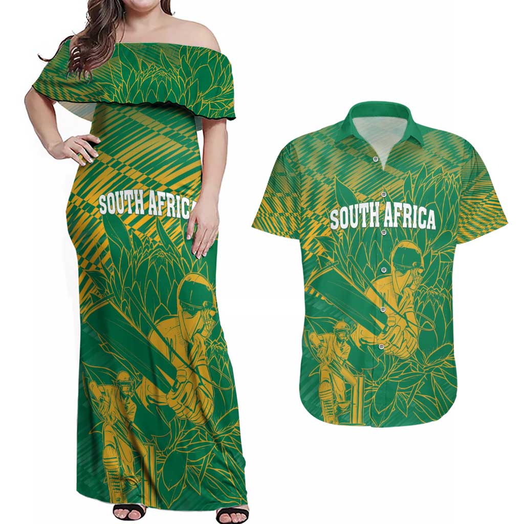 Custom Cricket South Africa Couples Matching Off Shoulder Maxi Dress and Hawaiian Shirt Proteas Go Champion Green Version - Wonder Print Shop