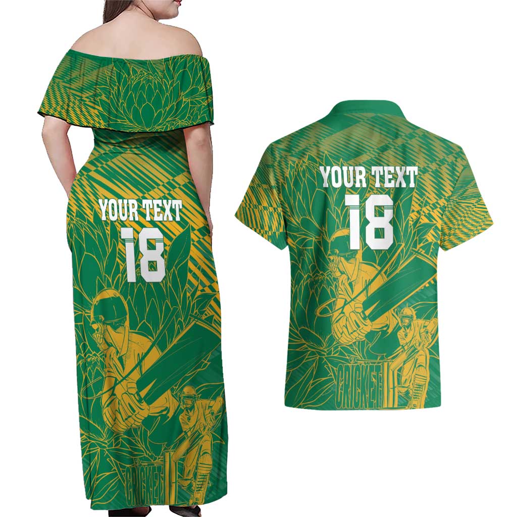 Custom Cricket South Africa Couples Matching Off Shoulder Maxi Dress and Hawaiian Shirt Proteas Go Champion Green Version - Wonder Print Shop