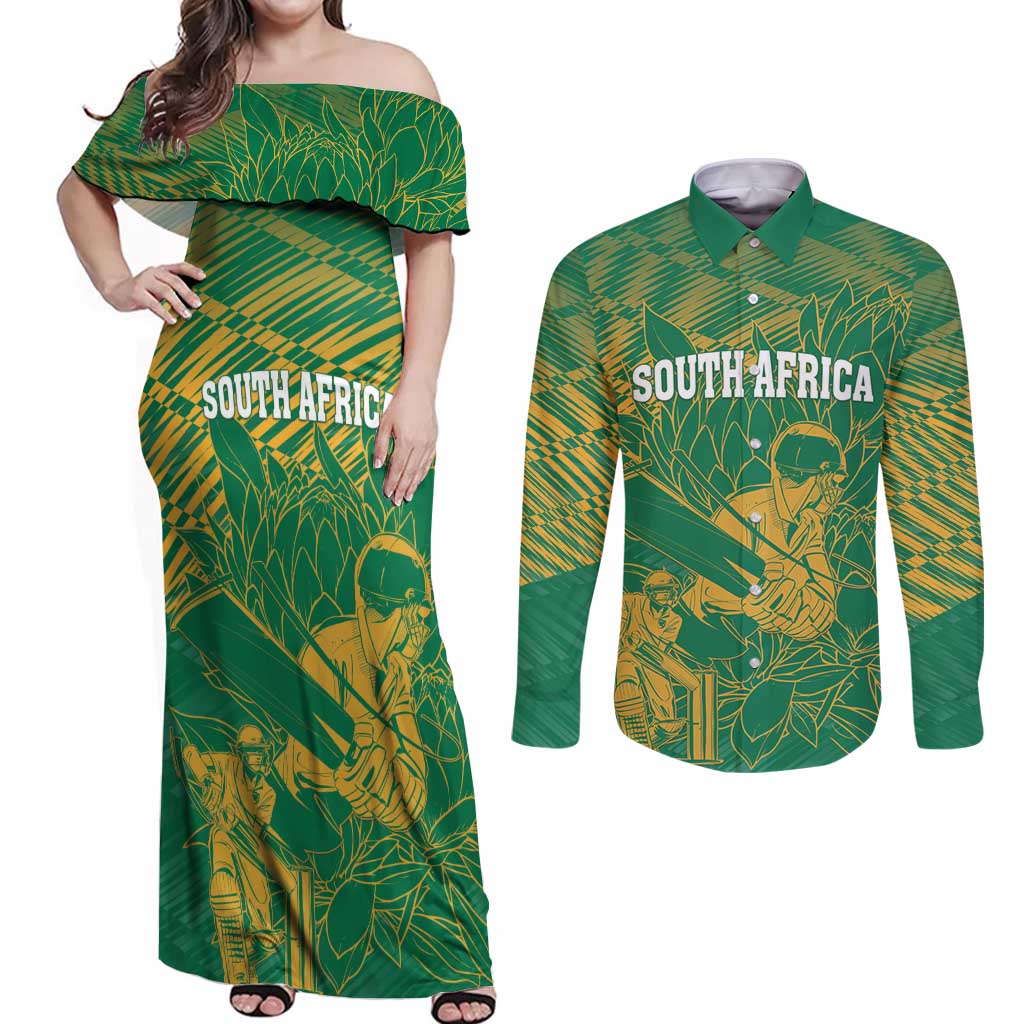 Custom Cricket South Africa Couples Matching Off Shoulder Maxi Dress and Long Sleeve Button Shirt Proteas Go Champion Green Version - Wonder Print Shop