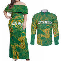 Custom Cricket South Africa Couples Matching Off Shoulder Maxi Dress and Long Sleeve Button Shirt Proteas Go Champion Green Version - Wonder Print Shop
