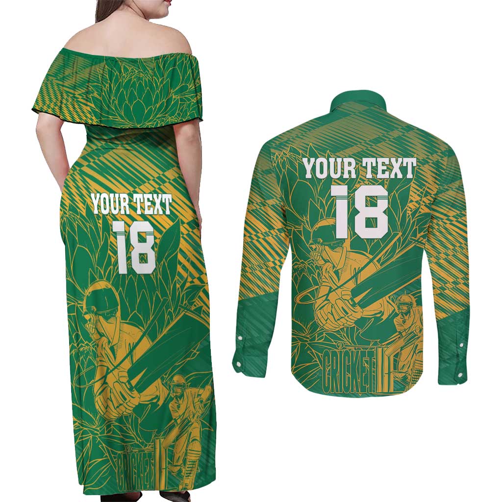 Custom Cricket South Africa Couples Matching Off Shoulder Maxi Dress and Long Sleeve Button Shirt Proteas Go Champion Green Version - Wonder Print Shop