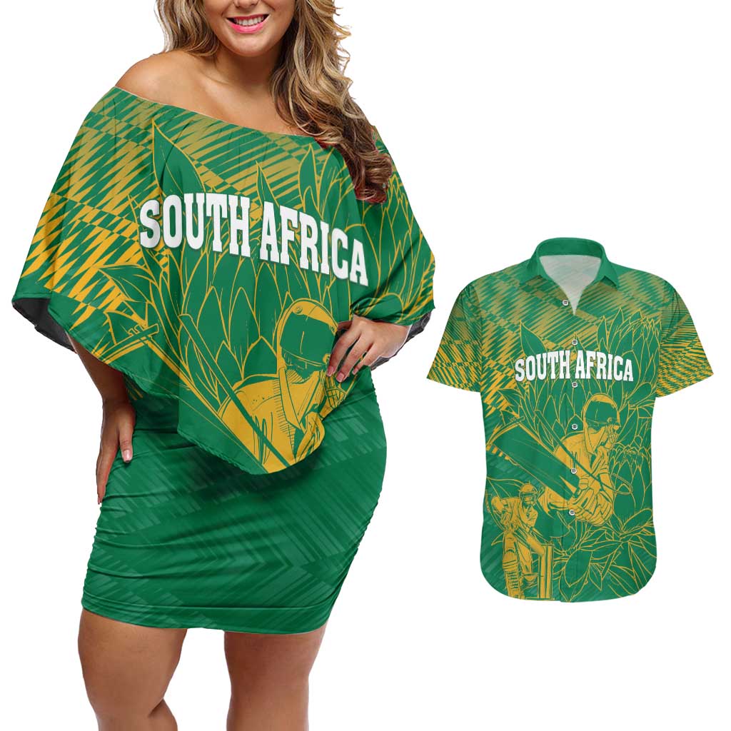 Custom Cricket South Africa Couples Matching Off Shoulder Short Dress and Hawaiian Shirt Proteas Go Champion Green Version - Wonder Print Shop