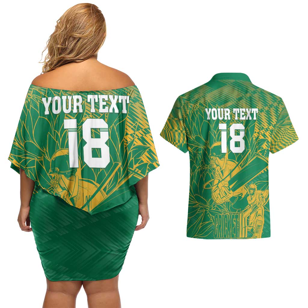 Custom Cricket South Africa Couples Matching Off Shoulder Short Dress and Hawaiian Shirt Proteas Go Champion Green Version - Wonder Print Shop