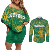 Custom Cricket South Africa Couples Matching Off Shoulder Short Dress and Long Sleeve Button Shirt Proteas Go Champion Green Version - Wonder Print Shop