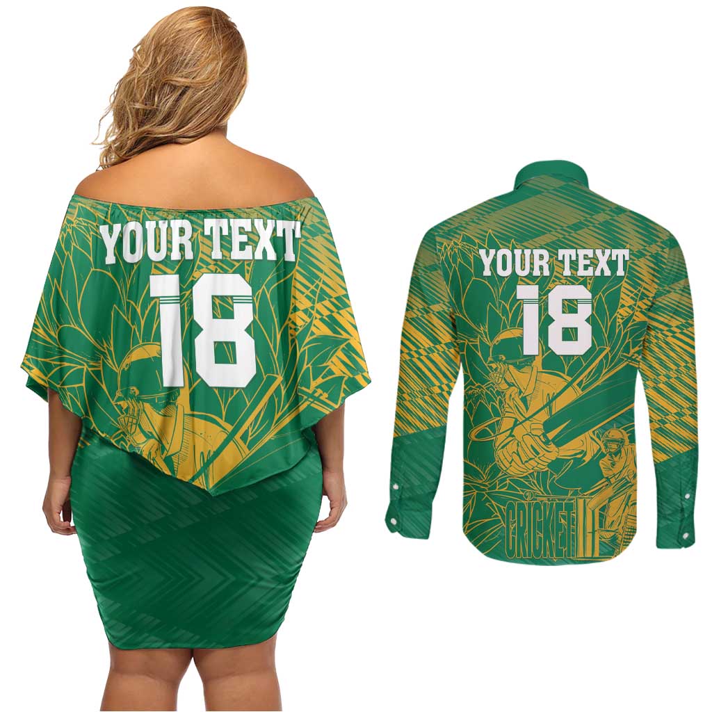Custom Cricket South Africa Couples Matching Off Shoulder Short Dress and Long Sleeve Button Shirt Proteas Go Champion Green Version - Wonder Print Shop
