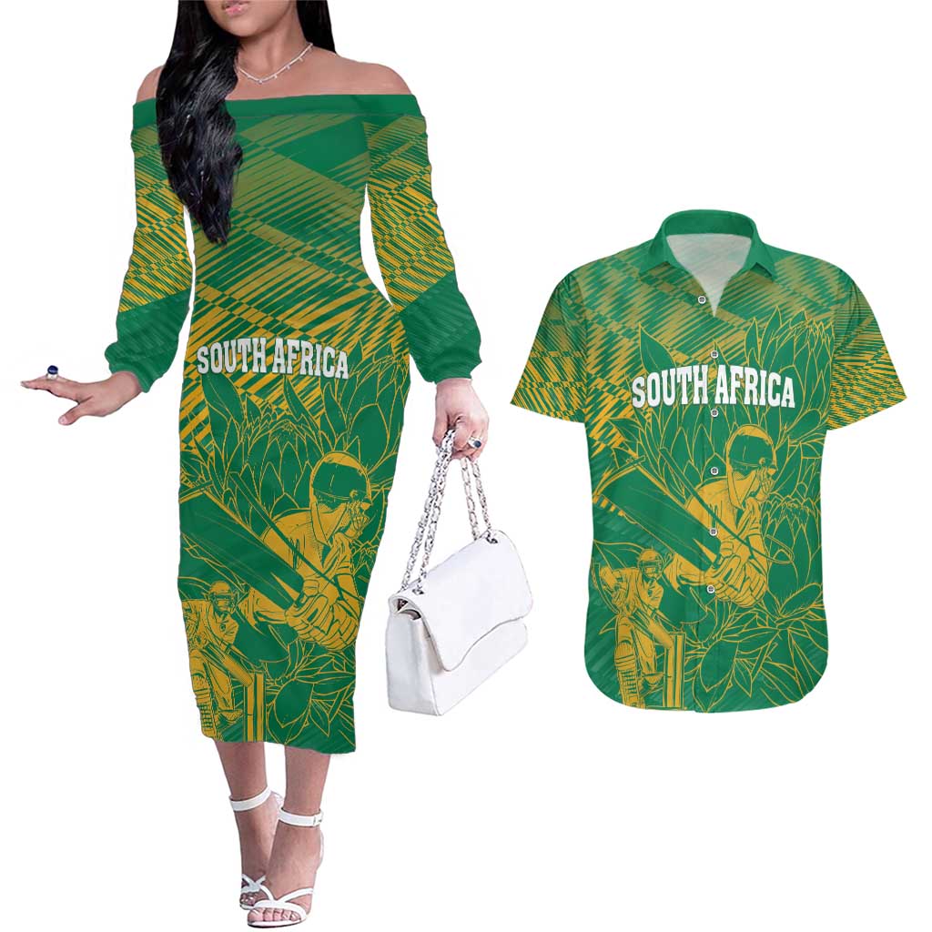 Custom Cricket South Africa Couples Matching Off The Shoulder Long Sleeve Dress and Hawaiian Shirt Proteas Go Champion Green Version - Wonder Print Shop
