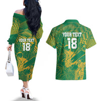 Custom Cricket South Africa Couples Matching Off The Shoulder Long Sleeve Dress and Hawaiian Shirt Proteas Go Champion Green Version - Wonder Print Shop