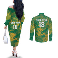 Custom Cricket South Africa Couples Matching Off The Shoulder Long Sleeve Dress and Long Sleeve Button Shirt Proteas Go Champion Green Version - Wonder Print Shop