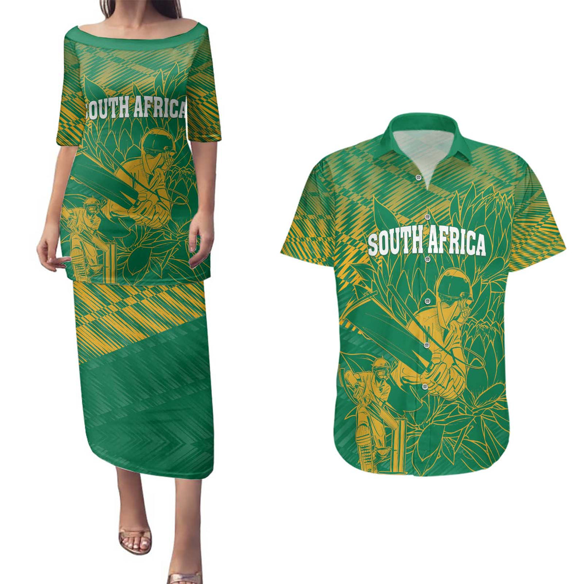 Custom Cricket South Africa Couples Matching Puletasi and Hawaiian Shirt Proteas Go Champion Green Version - Wonder Print Shop