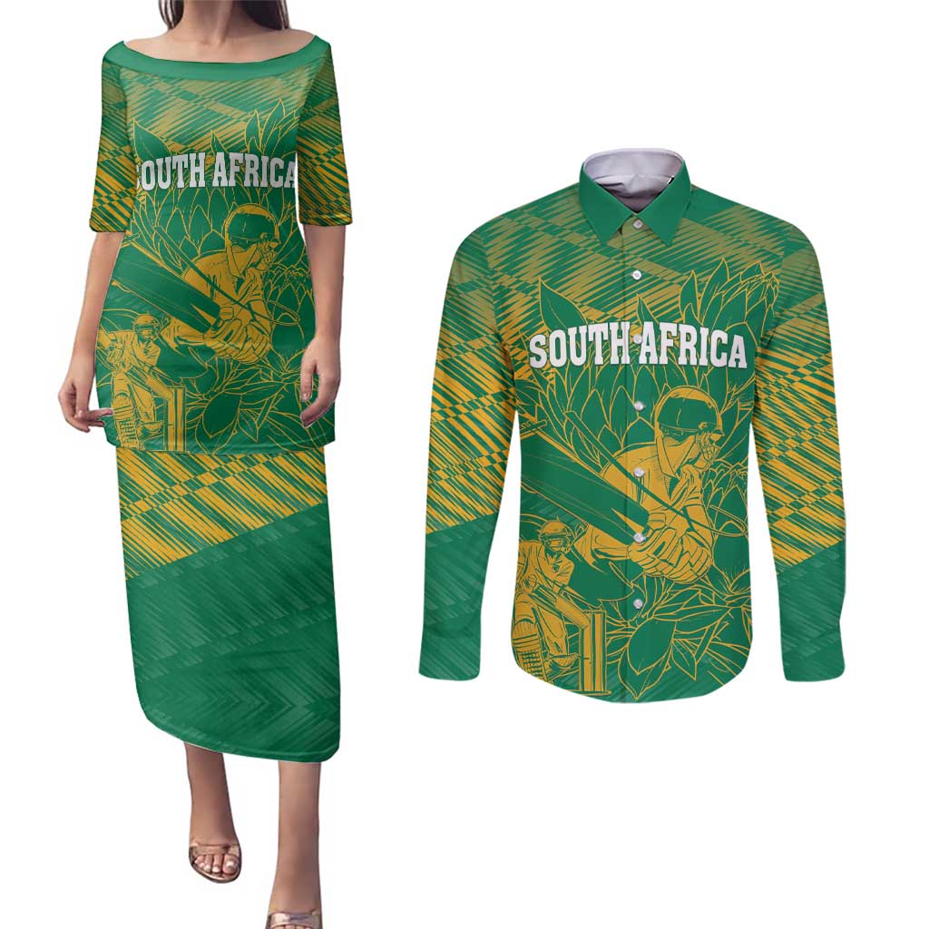 Custom Cricket South Africa Couples Matching Puletasi and Long Sleeve Button Shirt Proteas Go Champion Green Version - Wonder Print Shop