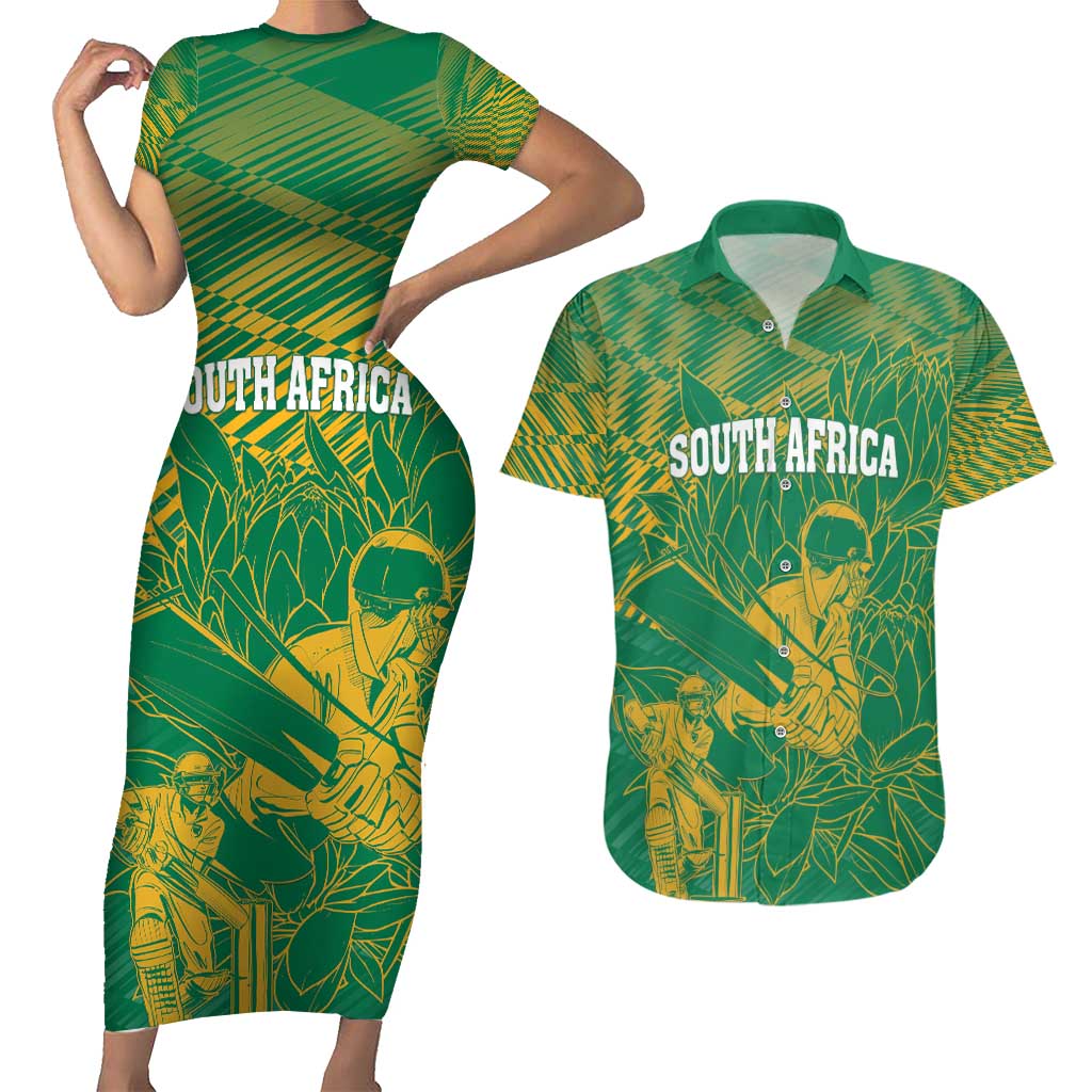 Custom Cricket South Africa Couples Matching Short Sleeve Bodycon Dress and Hawaiian Shirt Proteas Go Champion Green Version - Wonder Print Shop
