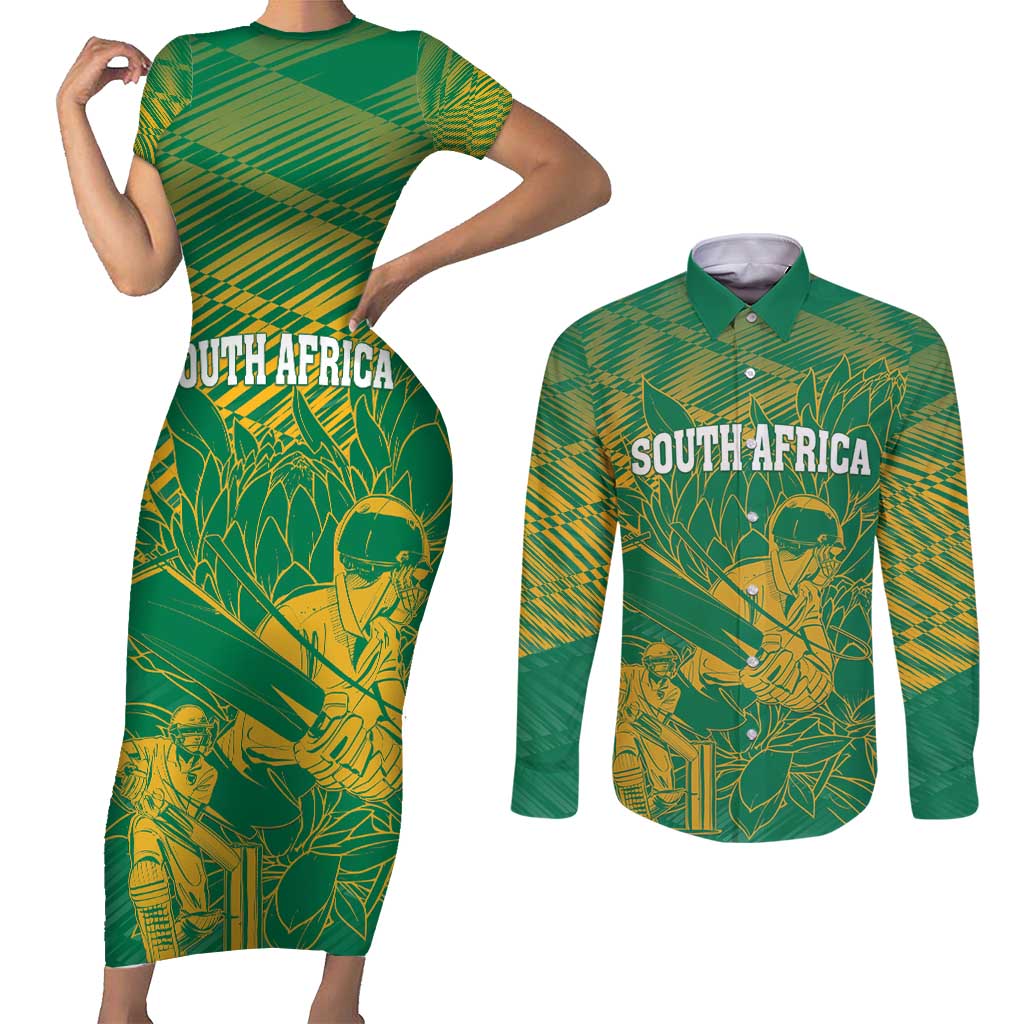 Custom Cricket South Africa Couples Matching Short Sleeve Bodycon Dress and Long Sleeve Button Shirt Proteas Go Champion Green Version - Wonder Print Shop