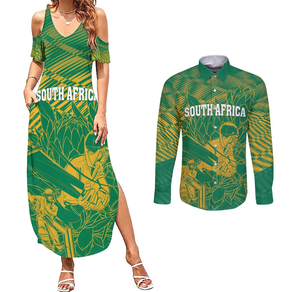 Custom Cricket South Africa Couples Matching Summer Maxi Dress and Long Sleeve Button Shirt Proteas Go Champion Green Version - Wonder Print Shop