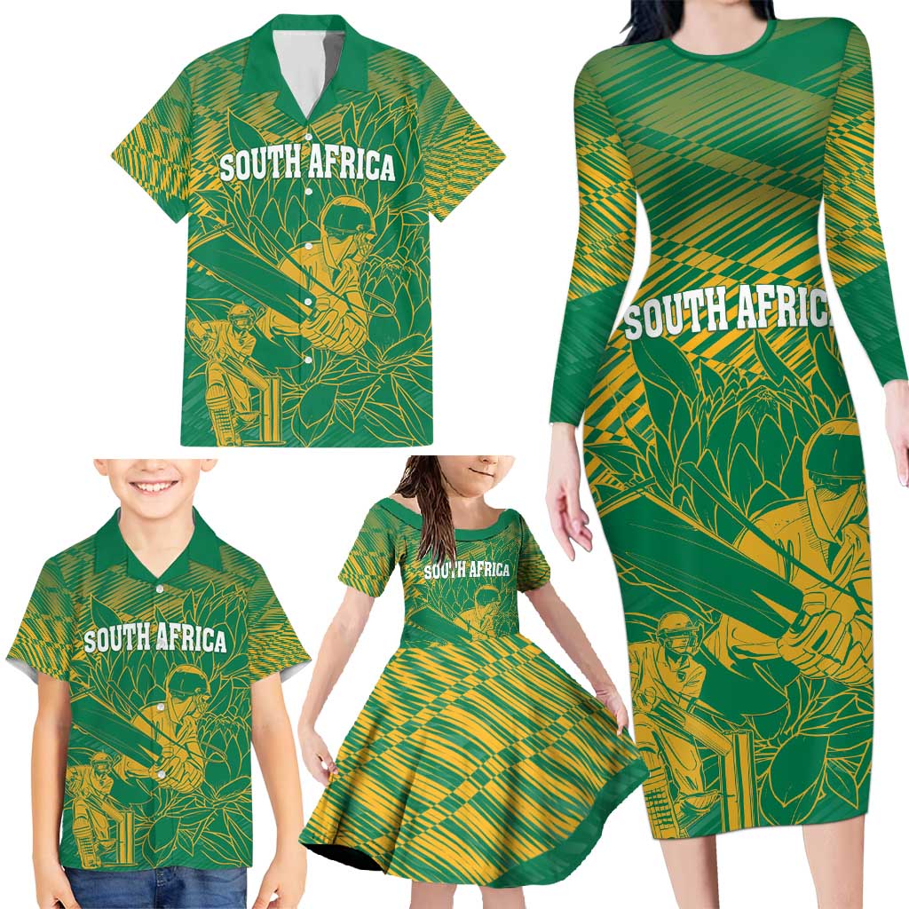 Custom Cricket South Africa Family Matching Long Sleeve Bodycon Dress and Hawaiian Shirt Proteas Go Champion Green Version - Wonder Print Shop