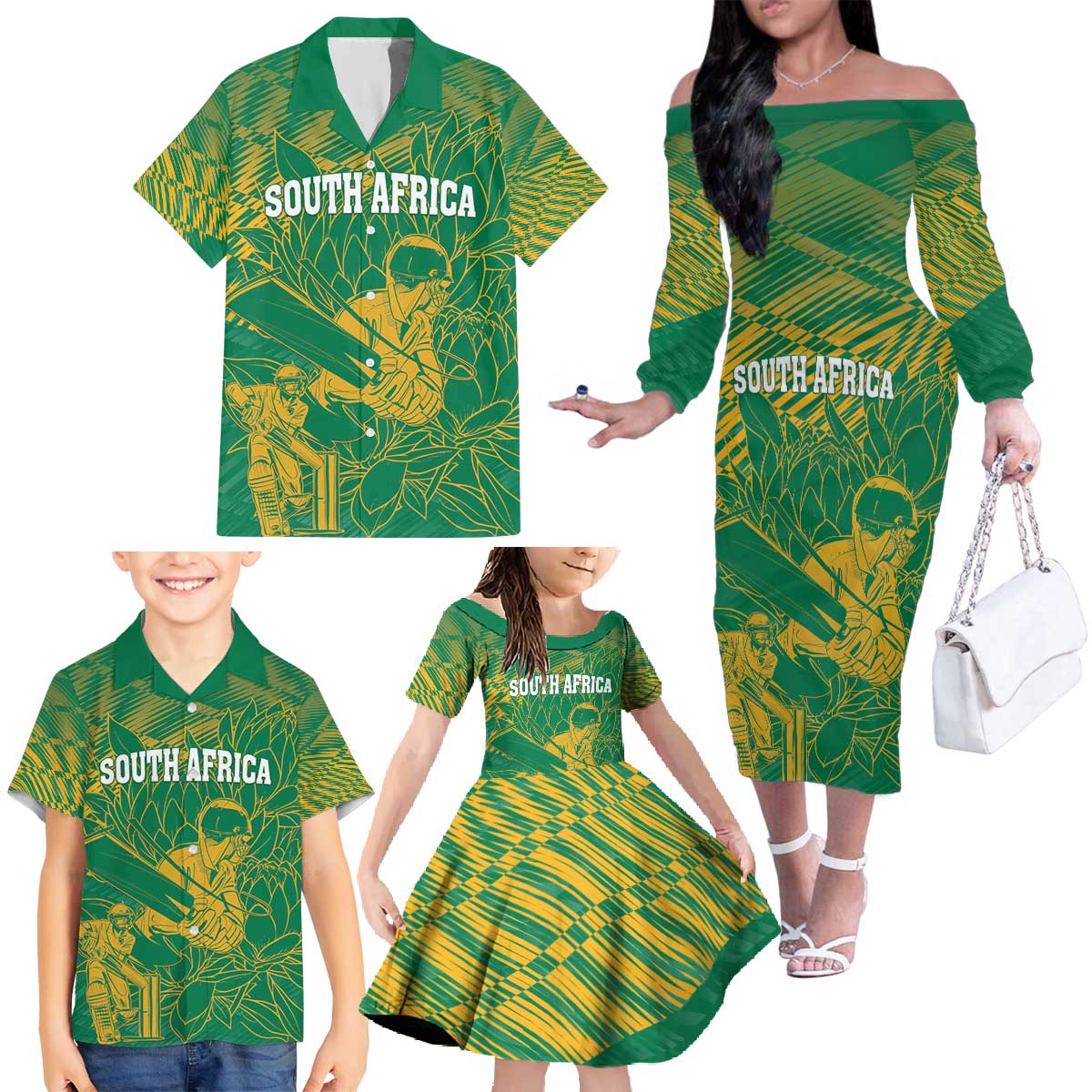 Custom Cricket South Africa Family Matching Off The Shoulder Long Sleeve Dress and Hawaiian Shirt Proteas Go Champion Green Version - Wonder Print Shop