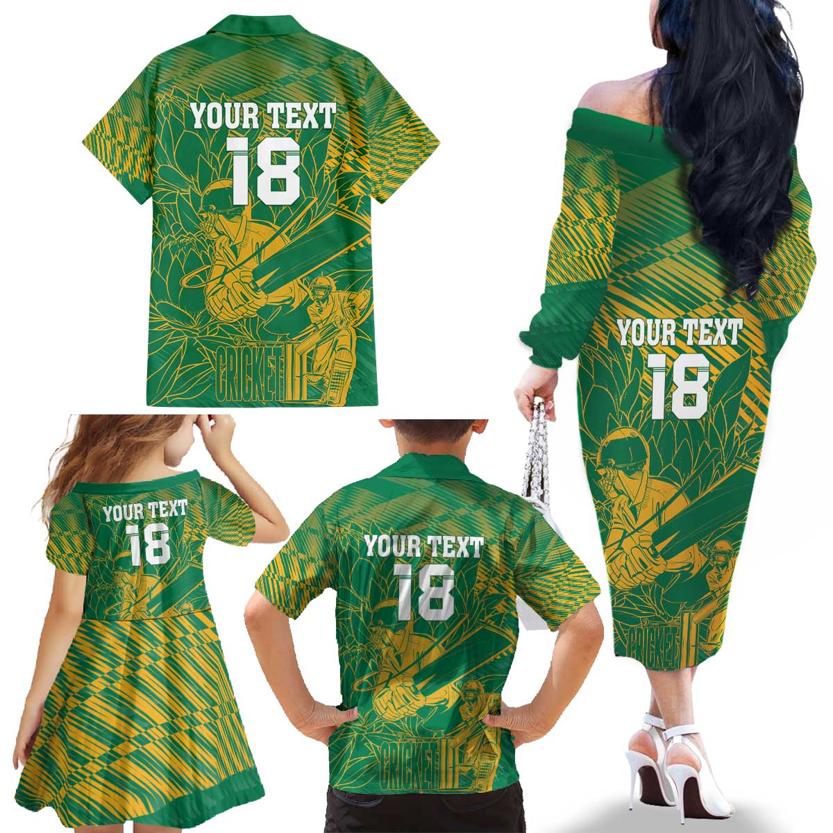 Custom Cricket South Africa Family Matching Off The Shoulder Long Sleeve Dress and Hawaiian Shirt Proteas Go Champion Green Version - Wonder Print Shop