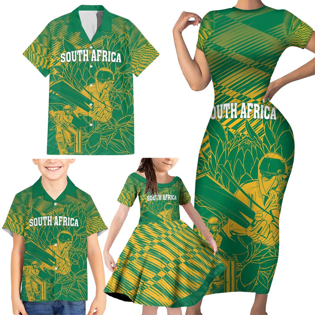 Custom Cricket South Africa Family Matching Short Sleeve Bodycon Dress and Hawaiian Shirt Proteas Go Champion Green Version - Wonder Print Shop