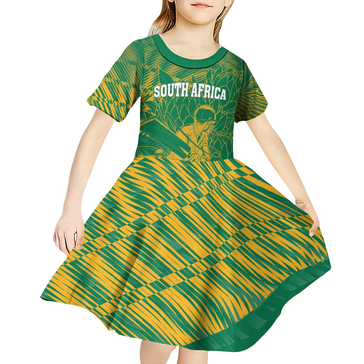 Custom Cricket South Africa Kid Short Sleeve Dress Proteas Go Champion Green Version - Wonder Print Shop