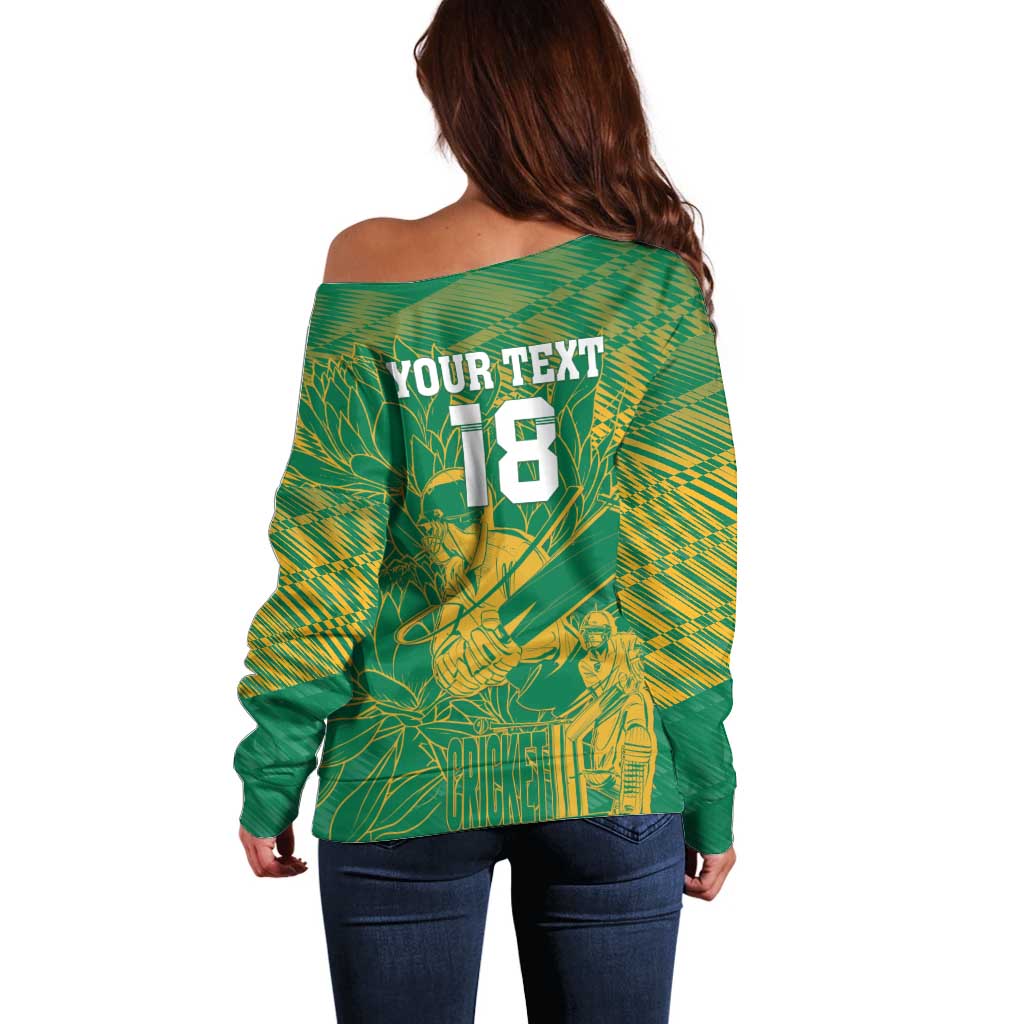 Custom Cricket South Africa Off Shoulder Sweater Proteas Go Champion Green Version - Wonder Print Shop